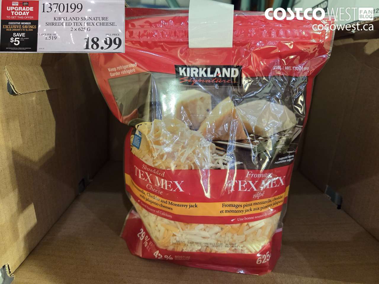 1370199 KIRKLAND SIGNATURE TEX MEX SHRED 2 x 625 g ($5.00 INSTANT SAVINGS EXPIRES ON 2026-01-18) $13.99