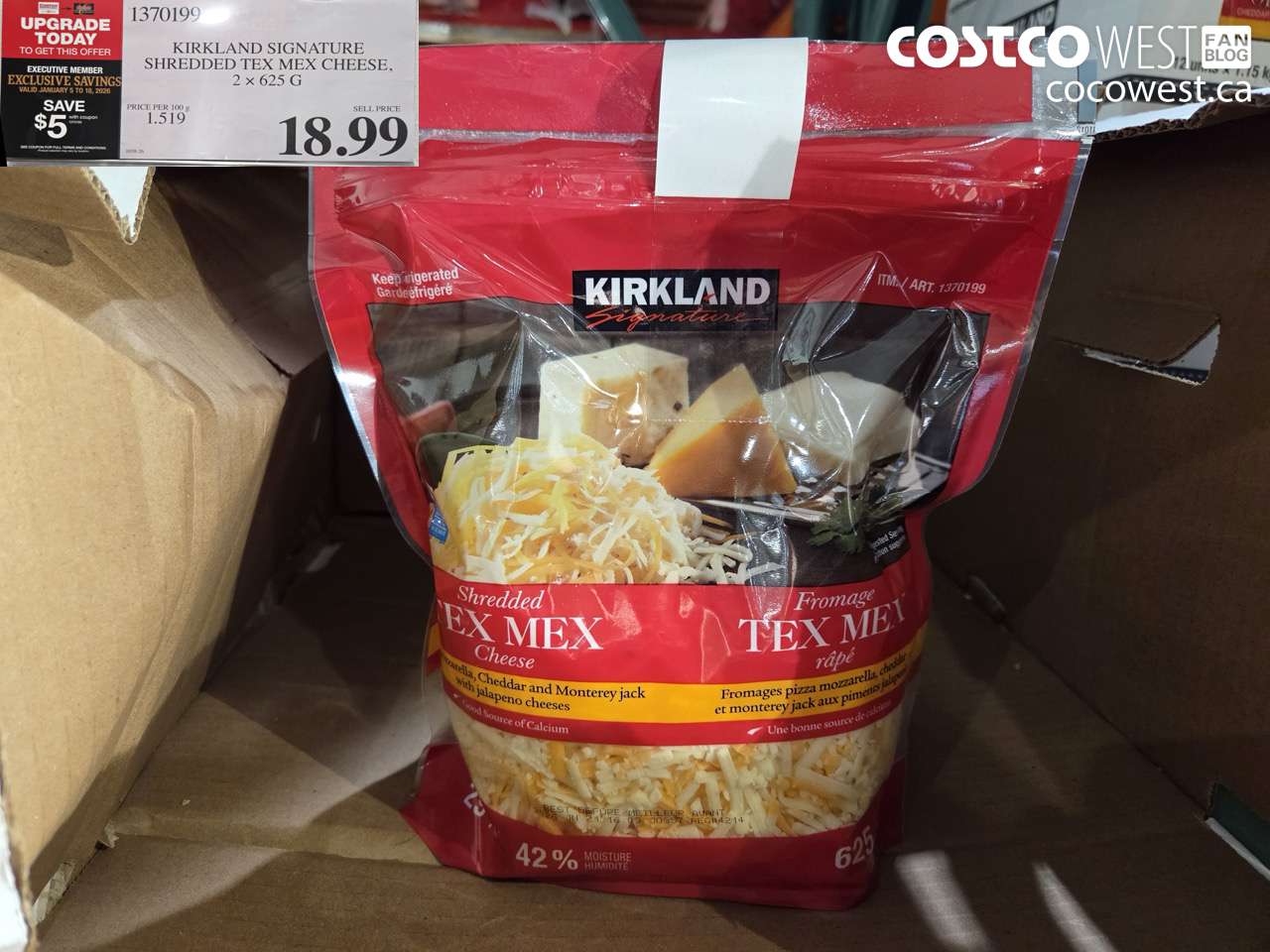 1370199 KIRKLAND SIGNATURE TEX MEX SHRED 2 x 625 g ($5.00 INSTANT SAVINGS EXPIRES ON 2026-01-18) $13.99