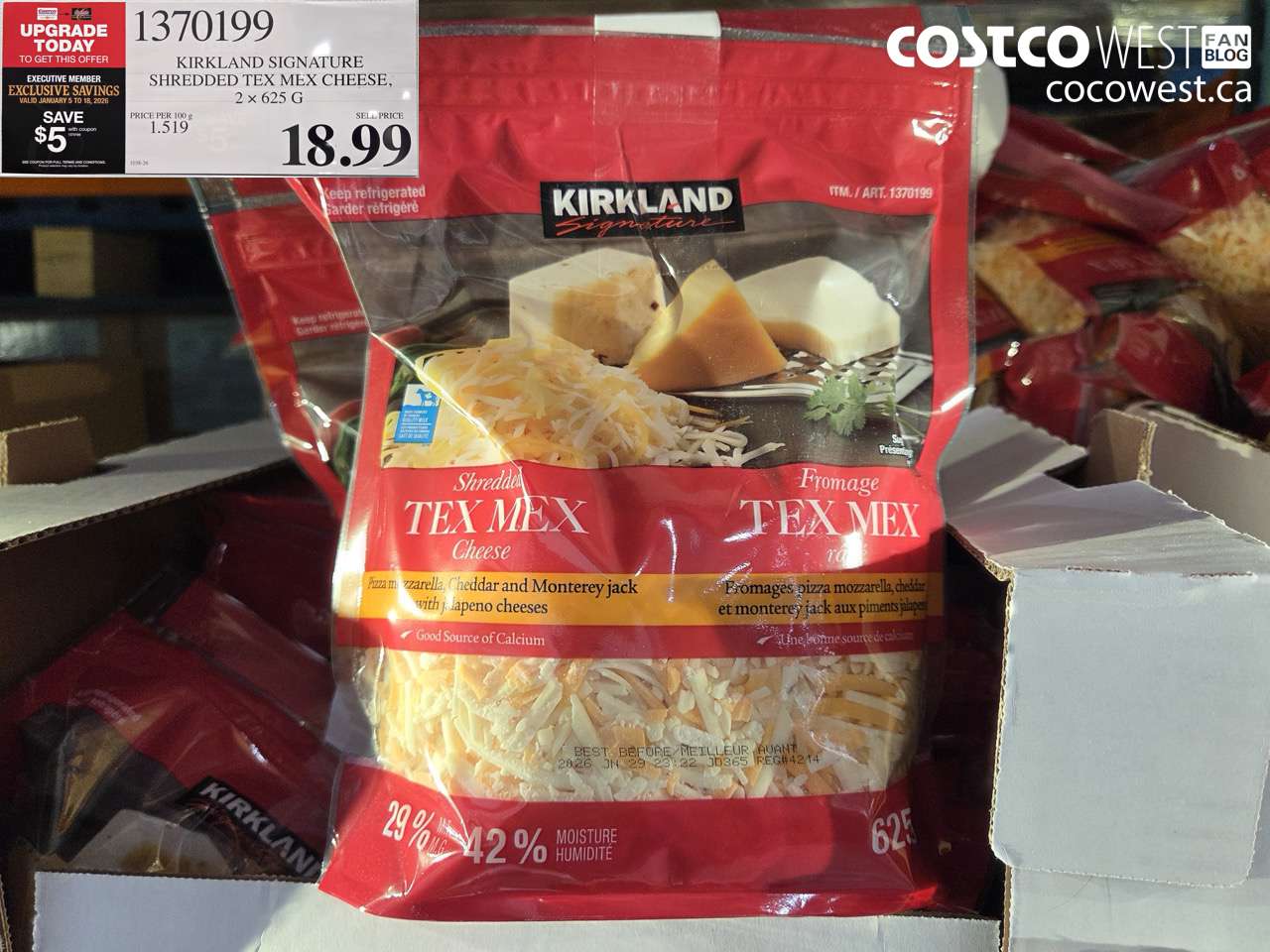 1370199 KIRKLAND SIGNATURE TEX MEX SHRED 2 x 625 g ($5.00 INSTANT SAVINGS EXPIRES ON 2026-01-18) $13.99