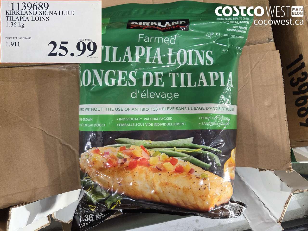 1139689 KIRKLAND SIGNATURE TILAPIA LOINS 1.36 kg $25.99