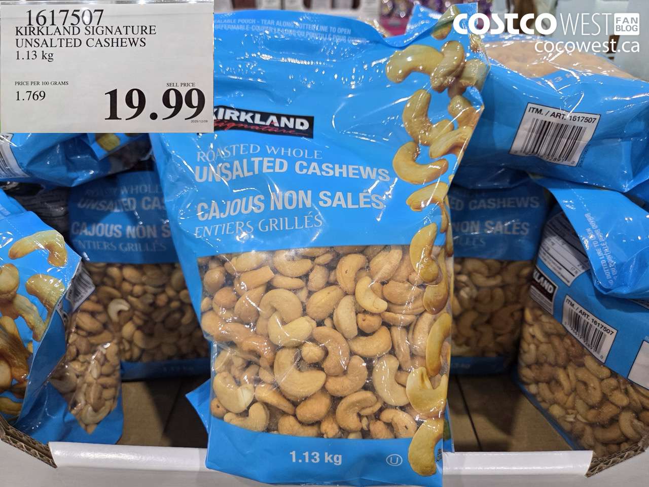 1617507 KIRKLAND SIGNATURE UNSALTED CASHEWS 1.13 kg $19.99