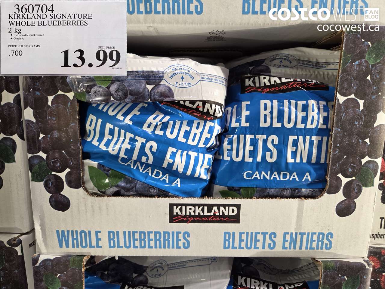 360704 KIRKLAND SIGNATURE WHOLE BLUEBERRIES 2 kg $13.99