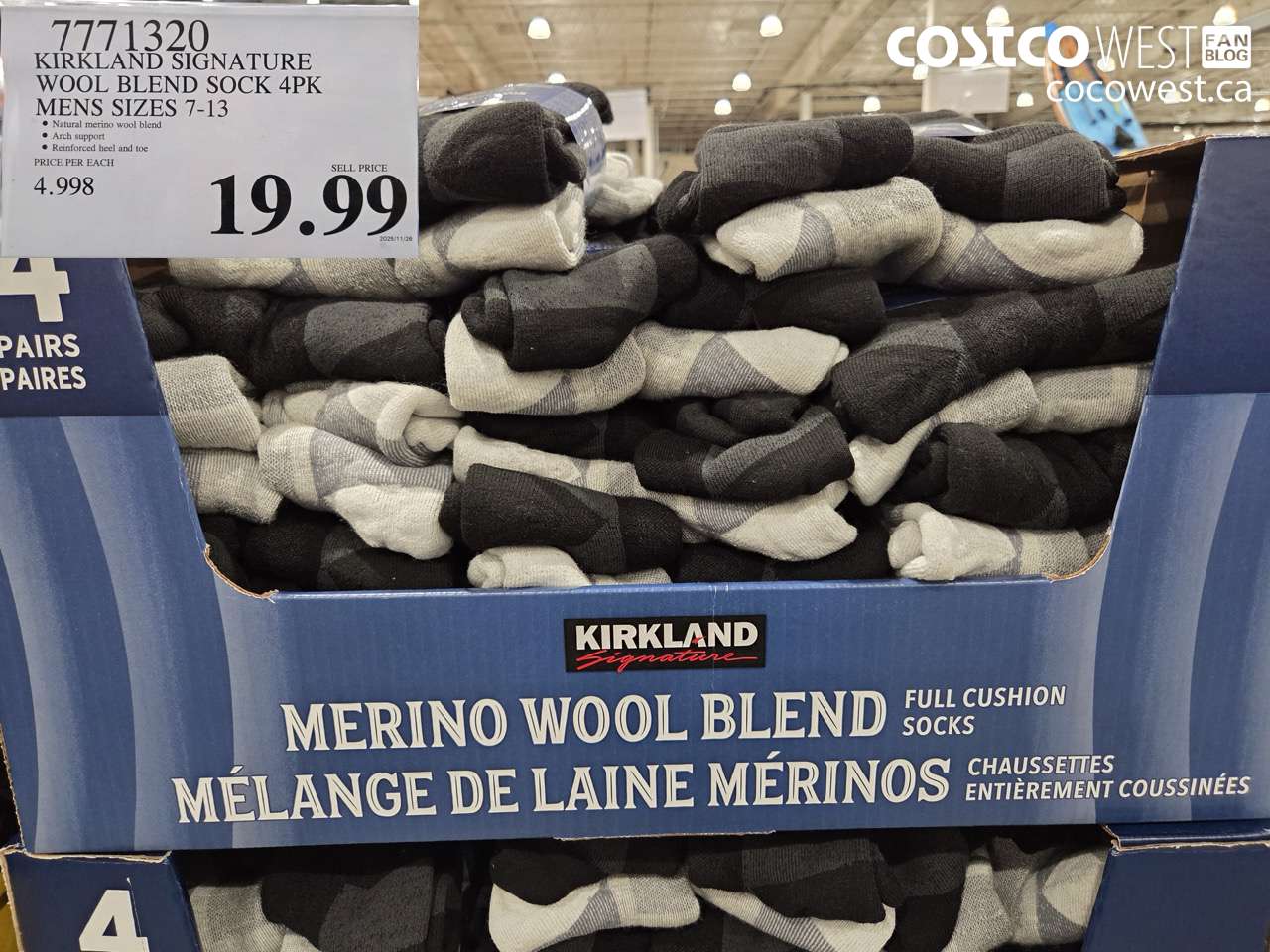 7771320 KIRKLAND SIGNATURE WOOL BLEND SOCK 4PK MENS SIZES 7-13 $19.99