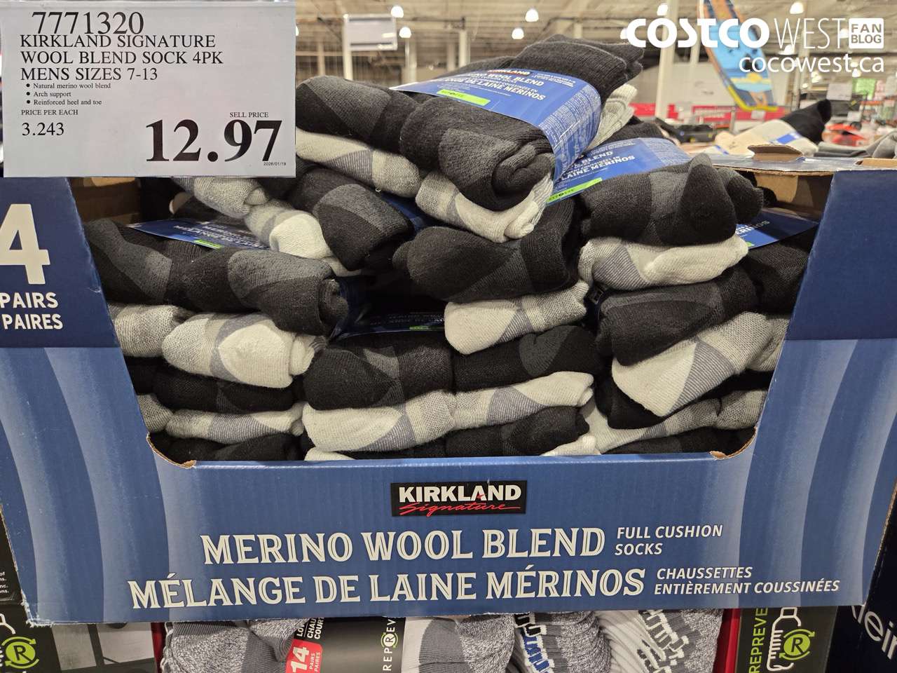 7771320 KIRKLAND SIGNATURE WOOL BLEND SOCK 4PK MENS SIZES 7-13 $12.97