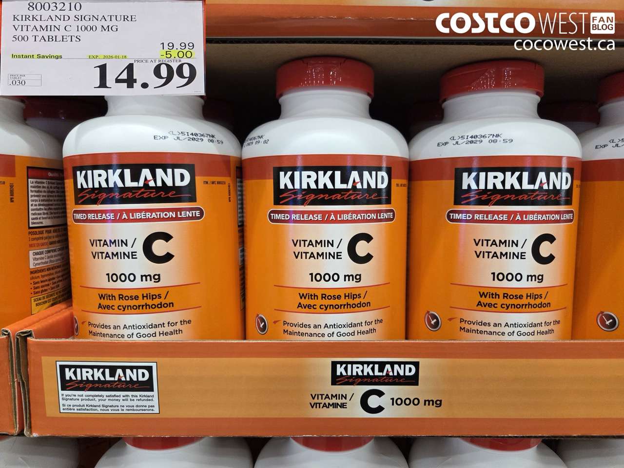 8003210 KIRKLAND SIGNATURE VITAMIN C 1000 MG 500 TABLETS ($5.00 INSTANT SAVINGS EXPIRES ON 2026-01-18) $14.99