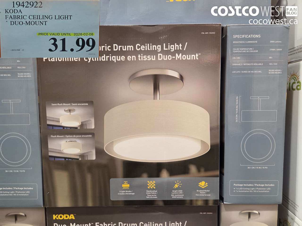 1942922 KODA FABRIC CEILING LIGHT DUO-MOUNT (EXPIRES ON 2026-02-08) $31.99