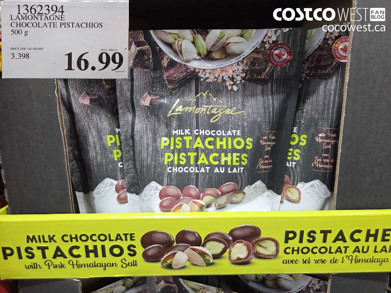 1362394 LAMONTAGNE CHOCOLATE PISTACHIOS 500 g $16.99