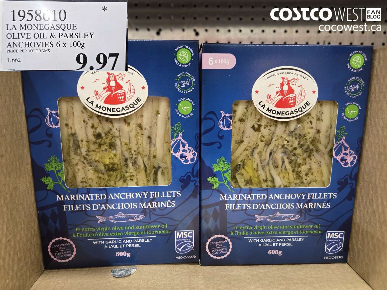 1958610 LA MONAGESQUE OLIVE OIL & PARSLEY ANCHOVIES 6 X 100G $9.97