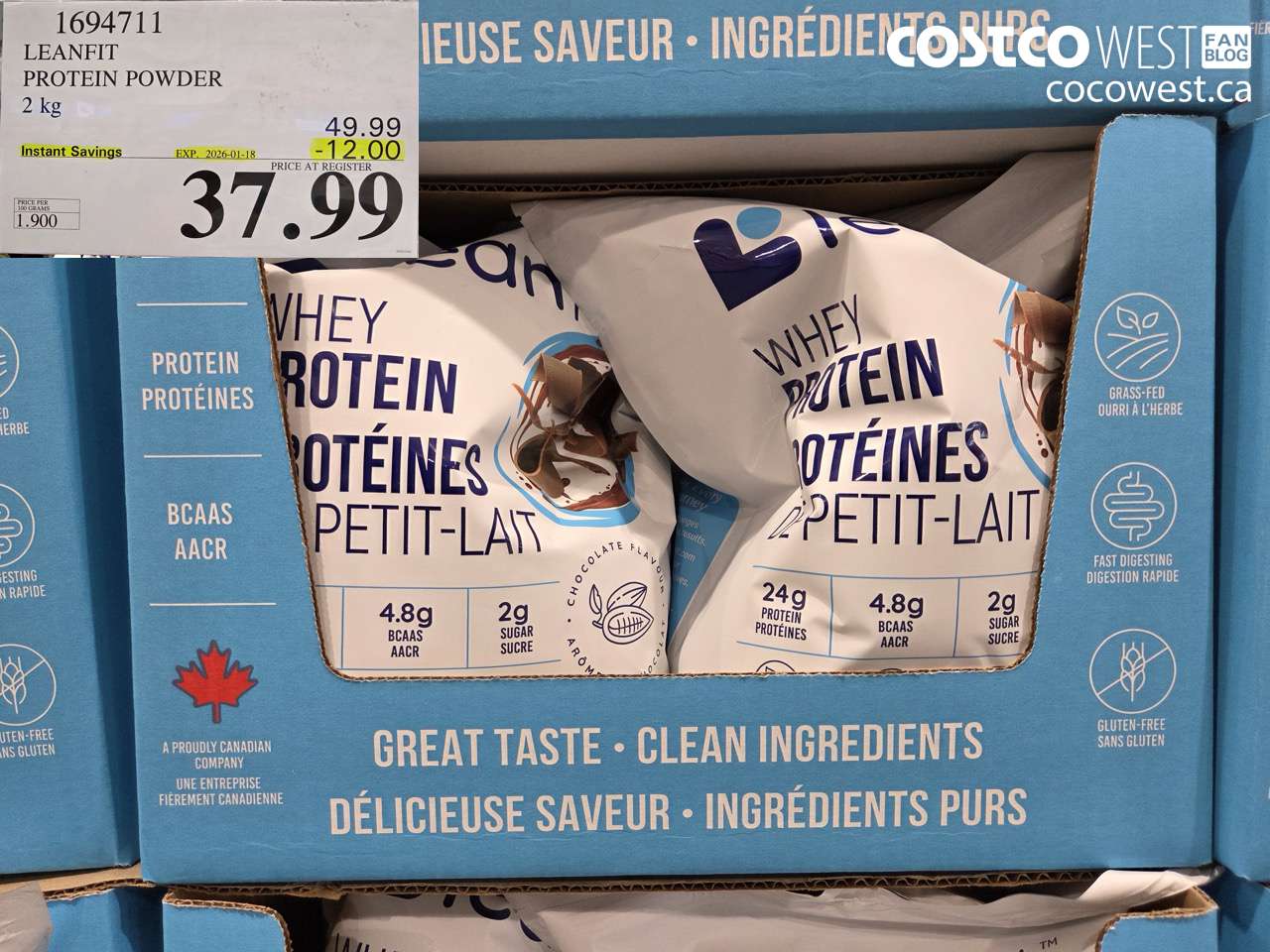 1694711 LEANFIT NATURALS WHEY PROTEIN CHOCOLATE 2 KG ($12.00 INSTANT SAVINGS EXPIRES ON 2026-01-18) $37.99