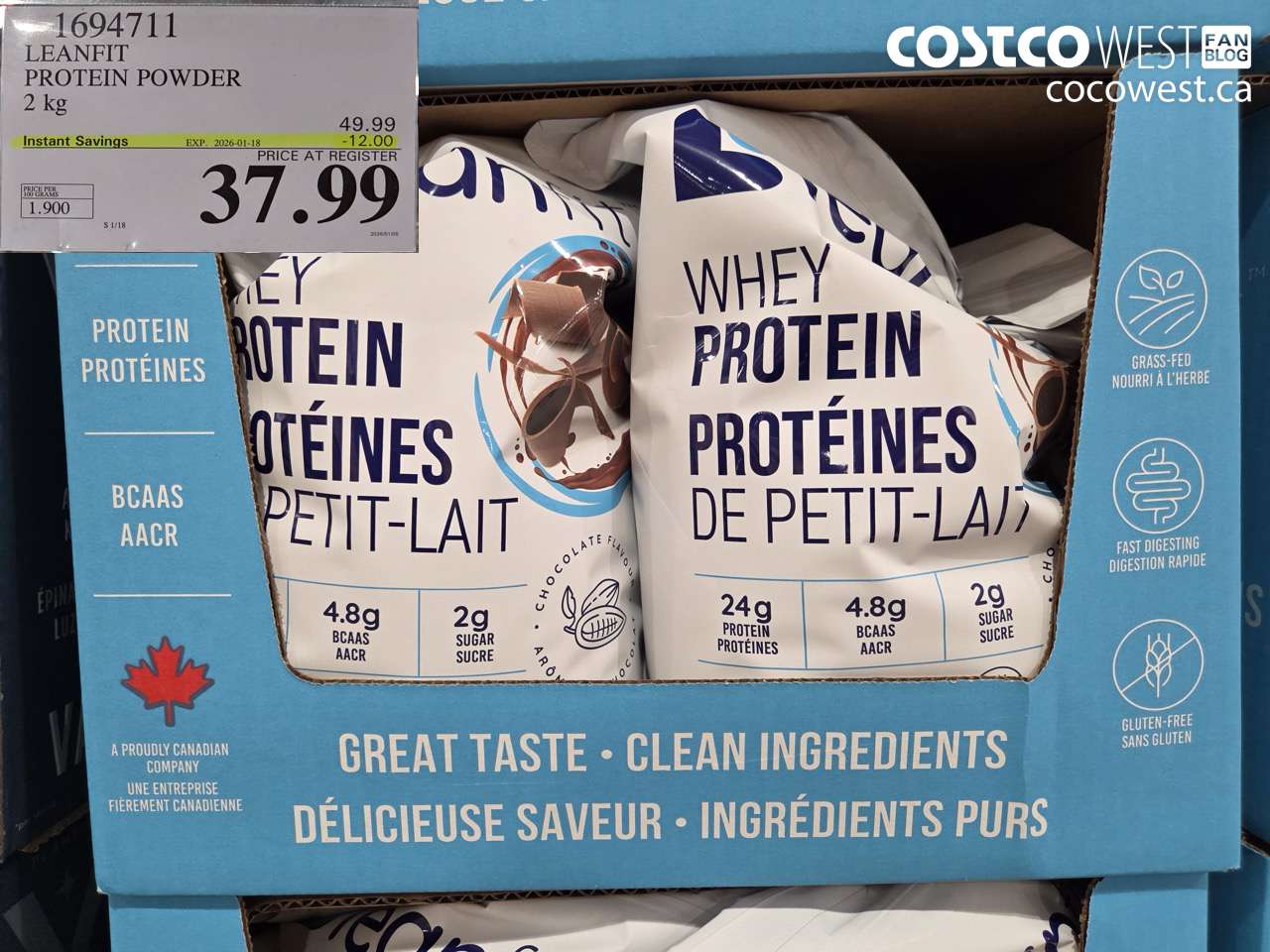 1694711 LEANFIT NATURALS WHEY PROTEIN CHOCOLATE 2 KG ($12.00 INSTANT SAVINGS EXPIRES ON 2026-01-18) $37.99