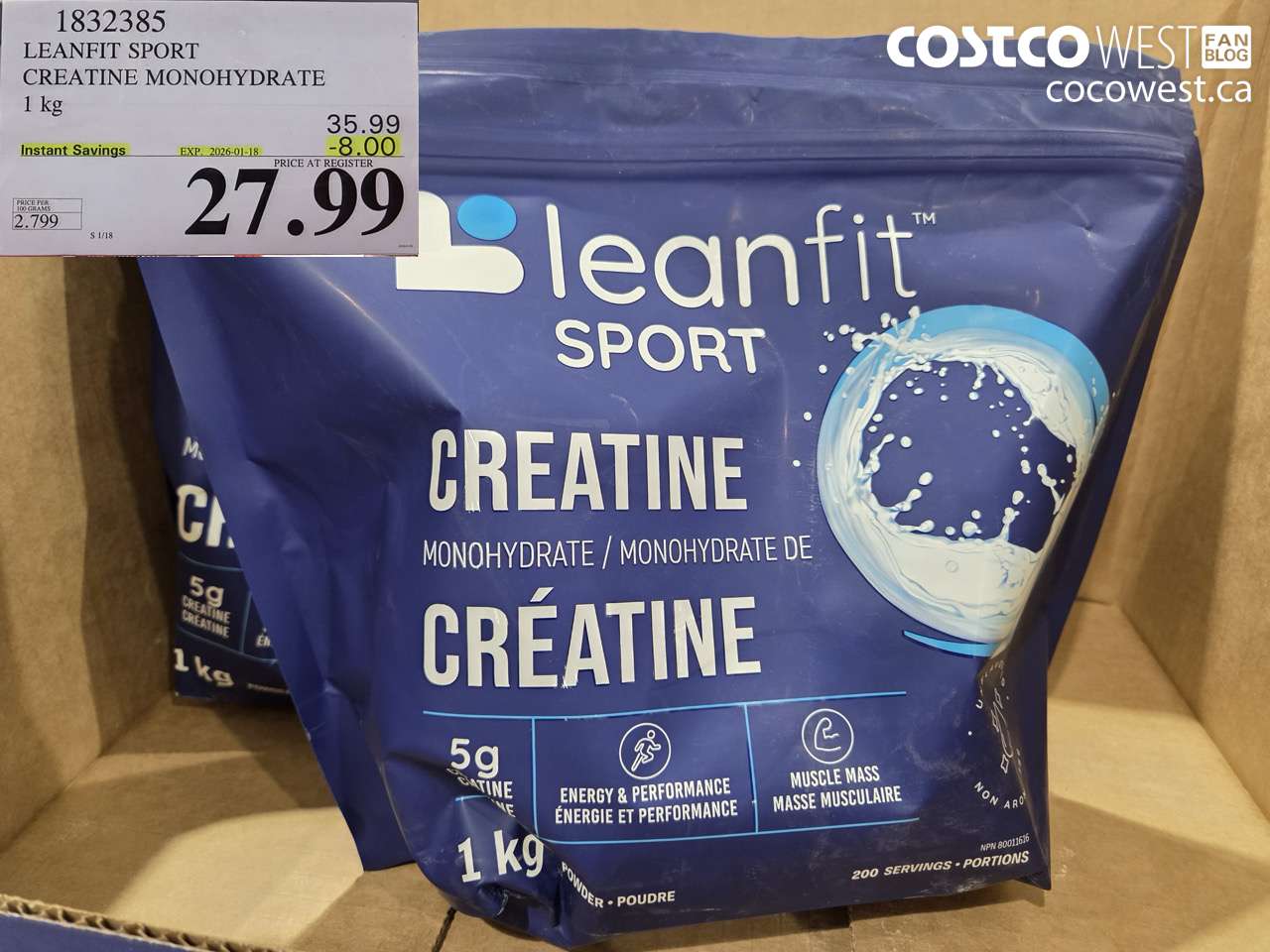 1832385 LEANFIT SPORT CREATINE MONOHYDRATE 1 kg ($8.00 INSTANT SAVINGS EXPIRES ON 2026-01-18) $27.99