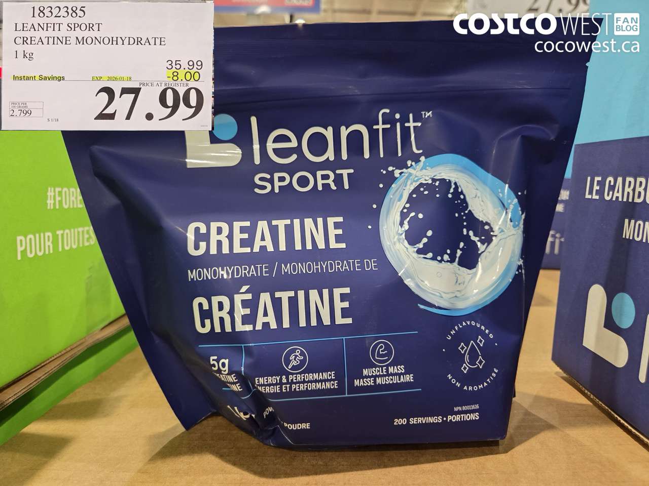 1832385 LEANFIT SPORT CREATINE MONOHYDRATE 1 kg ($8.00 INSTANT SAVINGS EXPIRES ON 2026-01-18) $27.99
