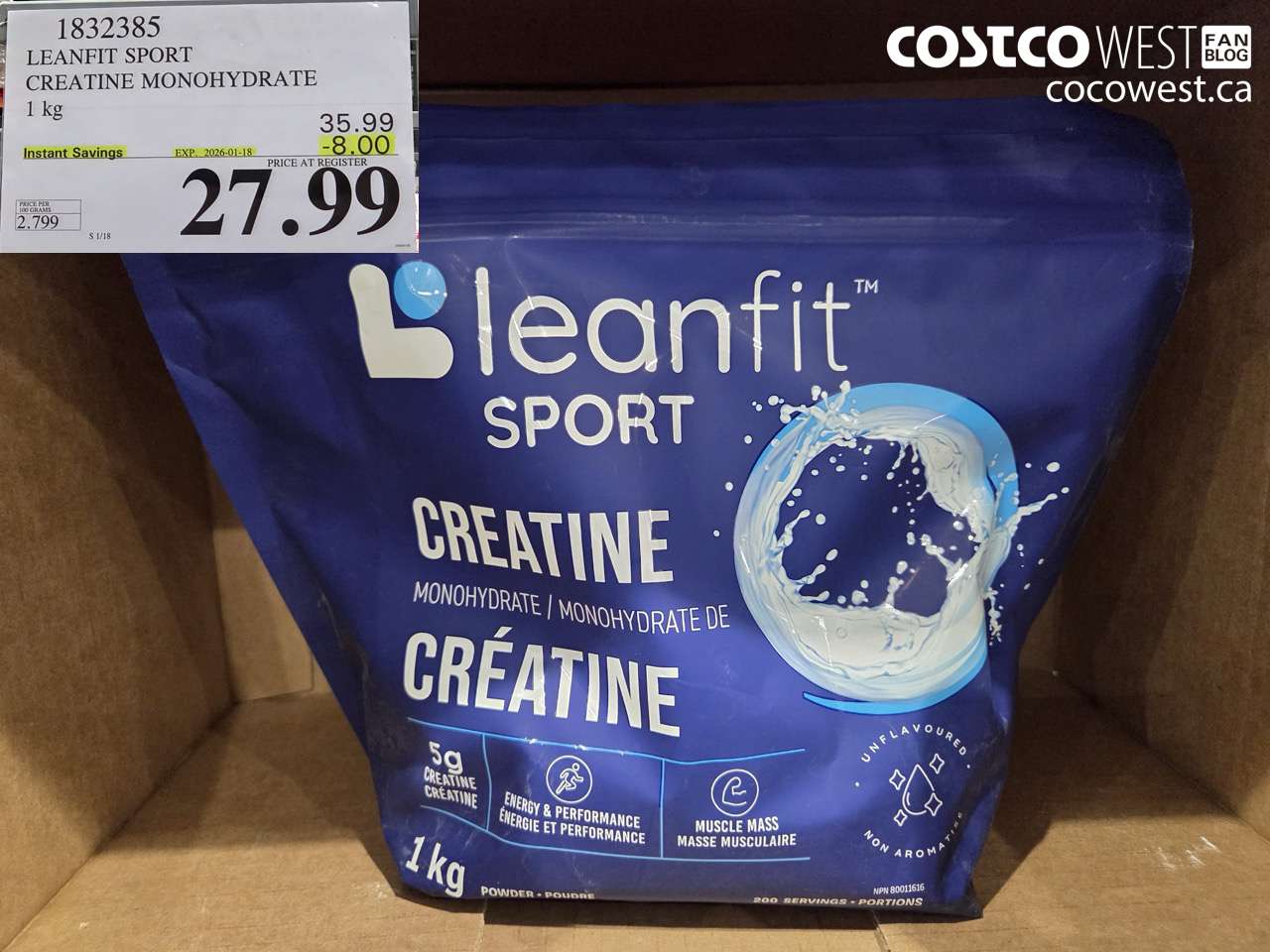 1832385 LEANFIT SPORT CREATINE MONOHYDRATE 1 kg ($8.00 INSTANT SAVINGS EXPIRES ON 2026-01-18) $27.99