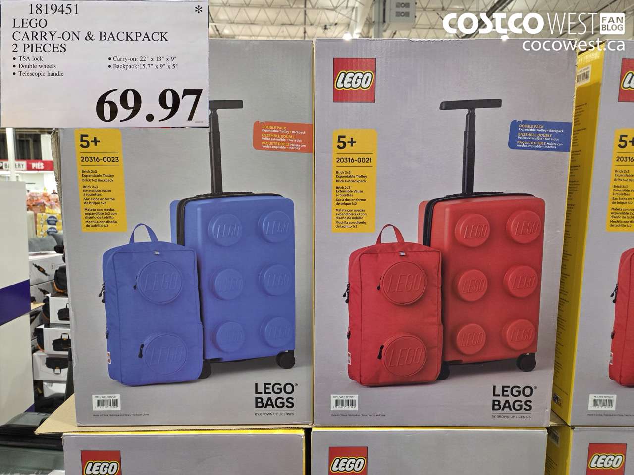 1819451 LEGO CARRY-ON & BACKPACK 2 PIECES $69.97