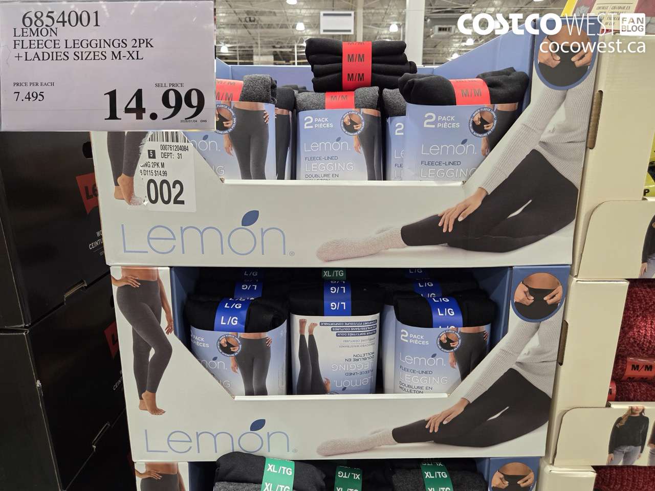 6854001 LEMON FLEECE LEGGINGS 2PK LADIES SIZE M-XL $14.99