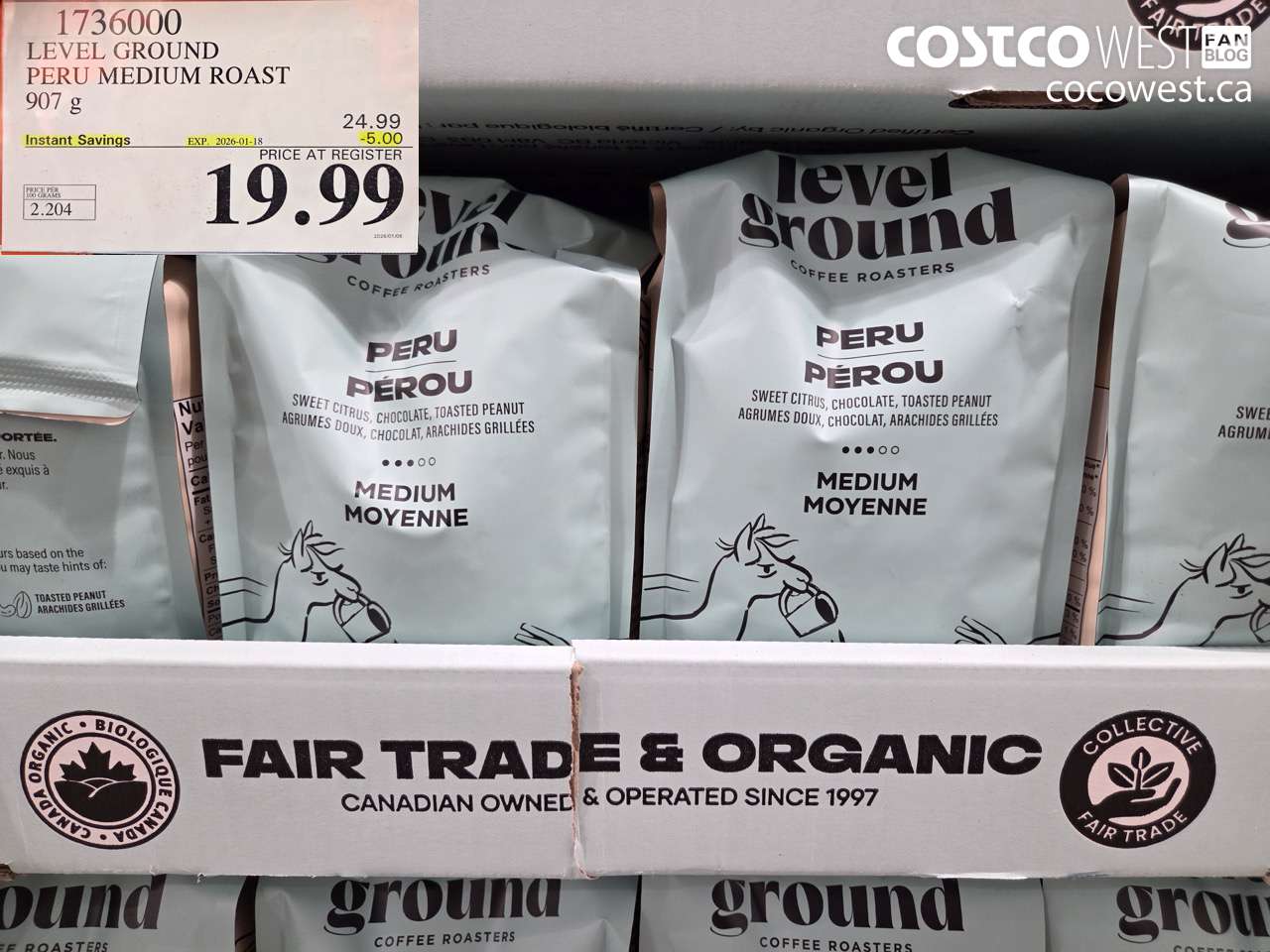 1736000 LEVEL GROUND PERUVIAN MEDIUM ROAST 907 G ($5.00 INSTANT SAVINGS EXPIRES ON 2026-01-18) $19.99