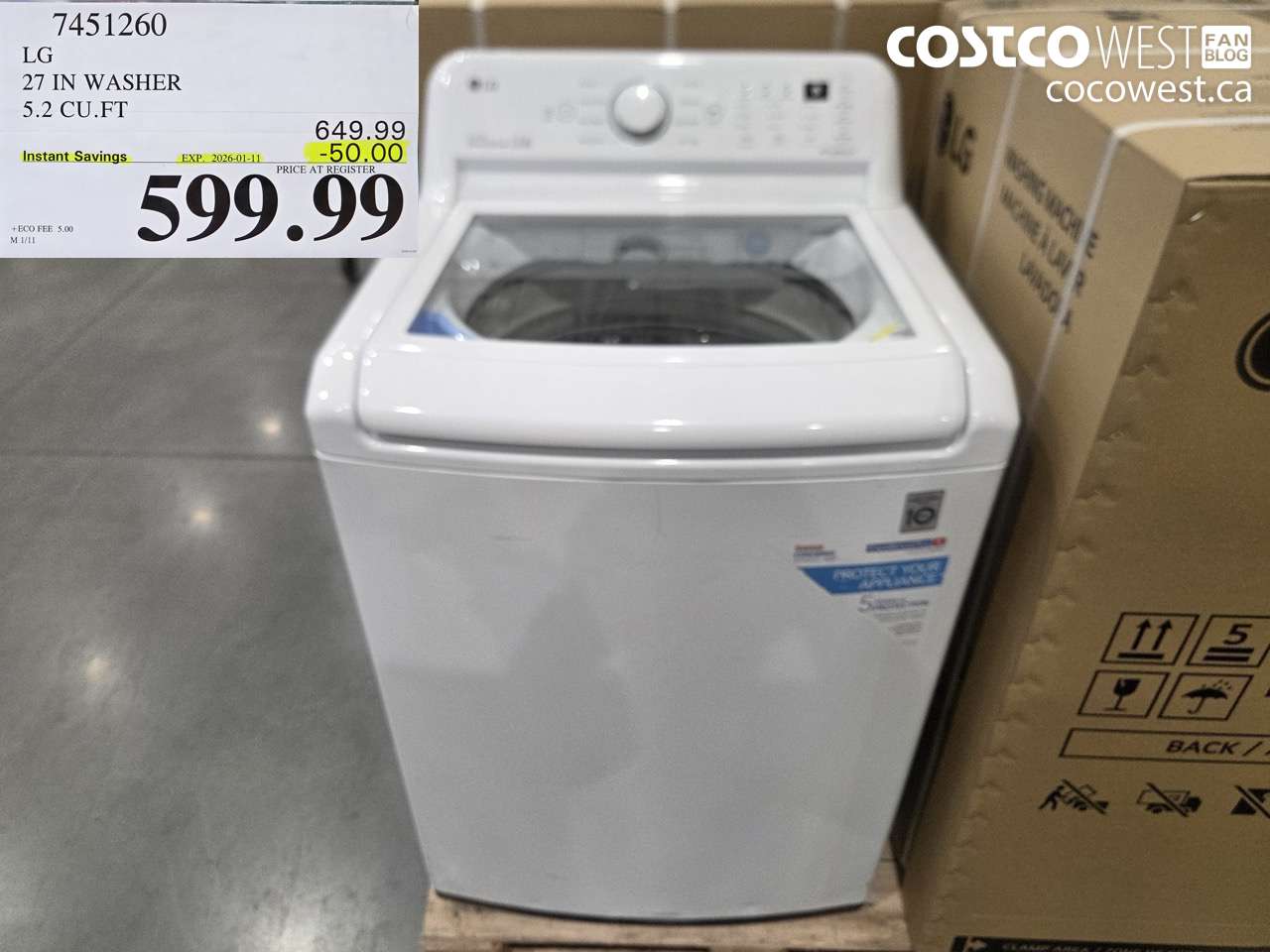 7451260 LG 27IN WASHER 5.2 CUFT ($50.00 INSTANT SAVINGS EXPIRES ON 2026-01-11) $599.99