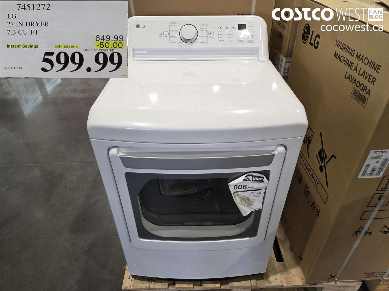7451272 LG 27 IN DRYER 7.3 CU FT ($50.00 INSTANT SAVINGS EXPIRES ON 2026-01-11) $599.99