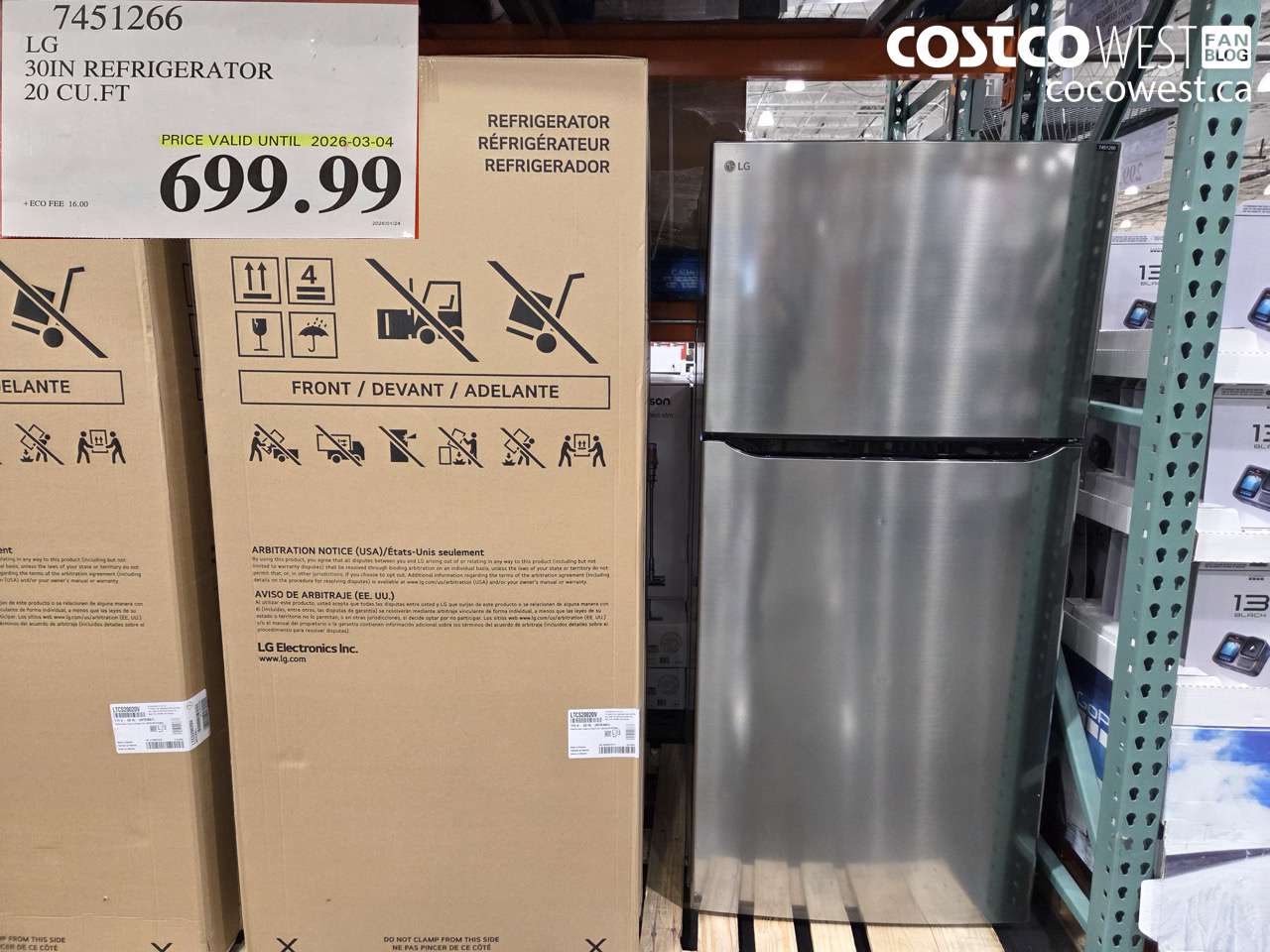7451266 LG 30 IN. REFRIGERATOR 20 CUFT (EXPIRES ON 2026-03-04) $699.99