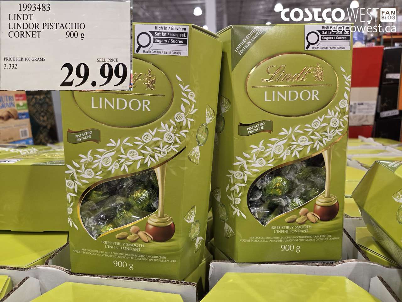 1993483 LINDT LINDOR PISTACHIO CORNET 900G $29.99