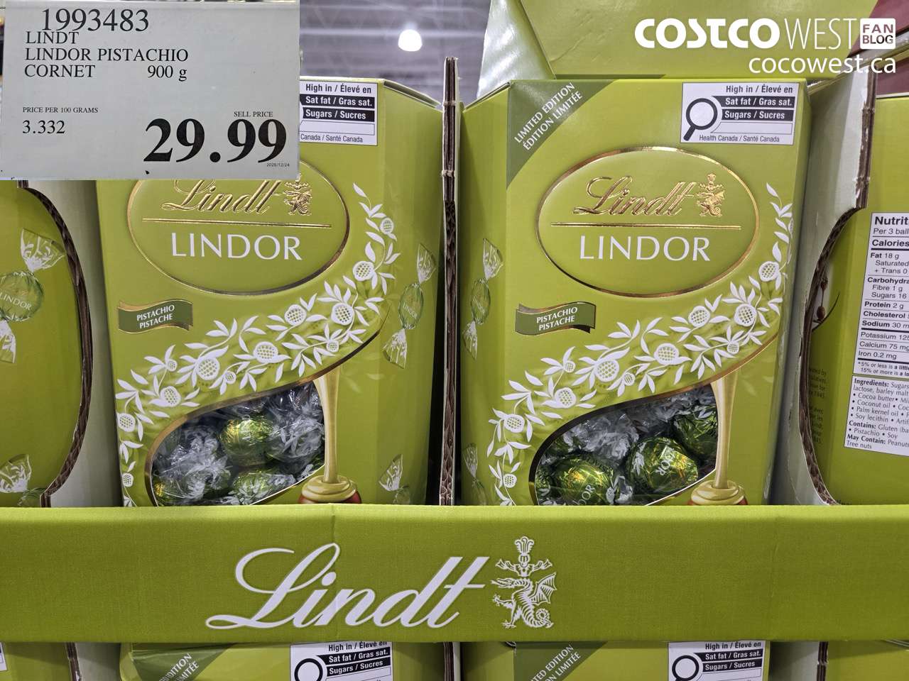 1993483 LINDT LINDOR PISTACHIO CORNET 900G $29.99