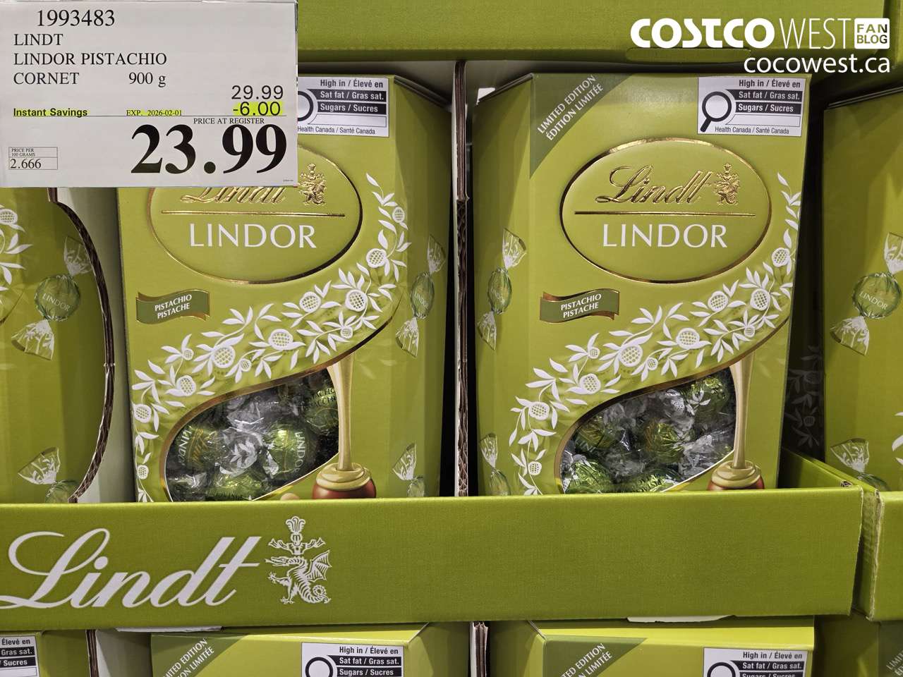 1993483 LINDT LINDOR PISTACHIO CORNET 900G ($6.00 INSTANT SAVINGS EXPIRES ON 2026-02-01) $23.99