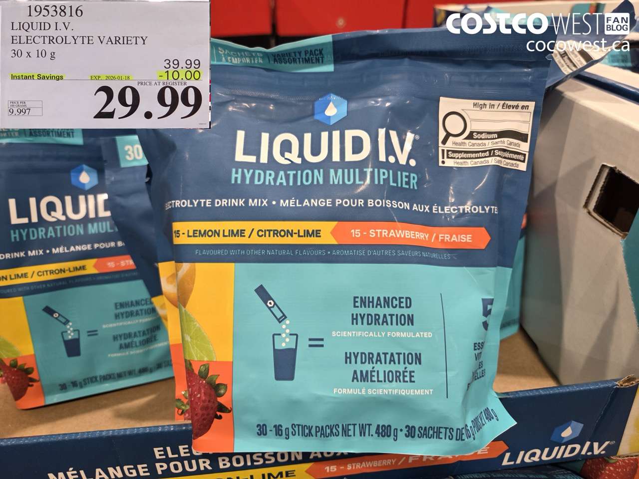 1953816 LIQUID I.V. ELECTROLYTE VARIETY 30 x 10 g ($10.00 INSTANT SAVINGS EXPIRES ON 2026-01-18) $29.99