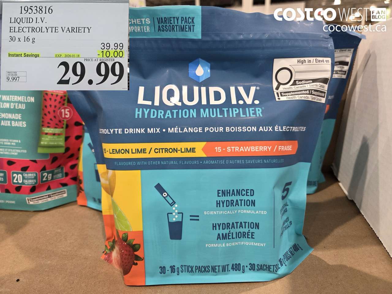 1953816 LIQUID I.V. ELECTROLYTE VARIETY 30 x 10 g ($10.00 INSTANT SAVINGS EXPIRES ON 2026-01-18) $29.99