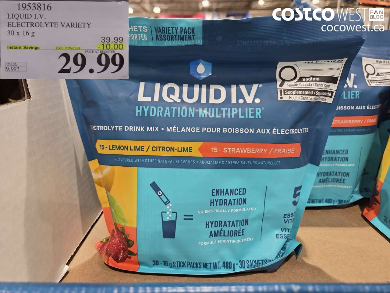 1953816 LIQUID I.V. ELECTROLYTE VARIETY 30 x 10 g ($10.00 INSTANT SAVINGS EXPIRES ON 2026-01-18) $29.99