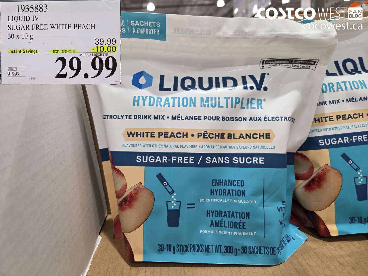 1935883 LIQUID IV SUGAR FREE WHITE PEACH 30 x 10 g ($10.00 INSTANT SAVINGS EXPIRES ON 2026-01-18) $29.99