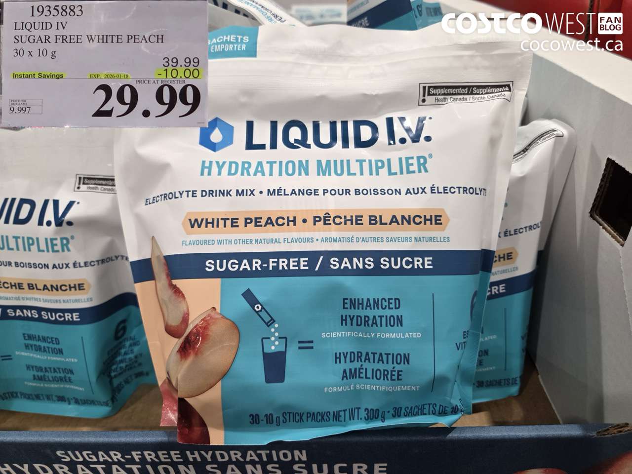 1935883 LIQUID IV SUGAR FREE WHITE PEACH 30 x 10 g ($10.00 INSTANT SAVINGS EXPIRES ON 2026-01-18) $29.99