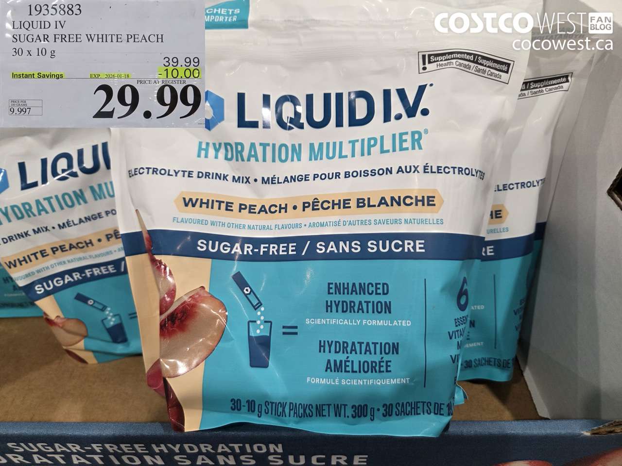 1935883 LIQUID IV SUGAR FREE WHITE PEACH 30 x 10 g ($10.00 INSTANT SAVINGS EXPIRES ON 2026-01-18) $29.99