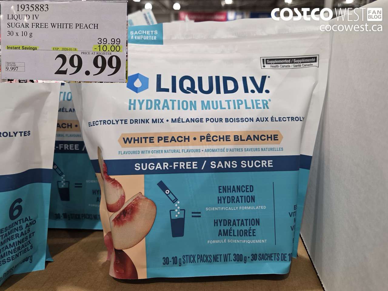 1935883 LIQUID IV SUGAR FREE WHITE PEACH 30 x 10 g ($10.00 INSTANT SAVINGS EXPIRES ON 2026-01-18) $29.99