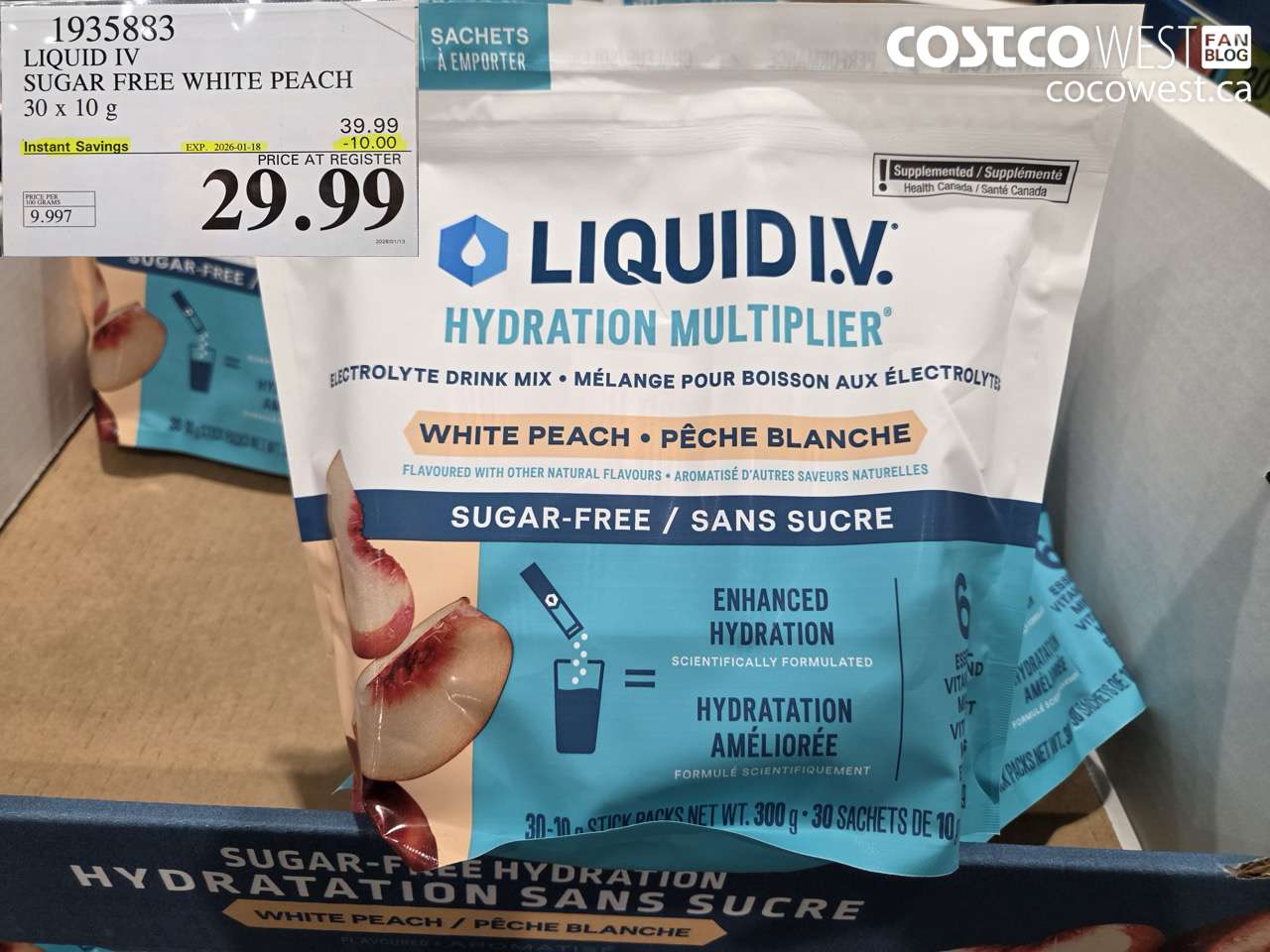 1935883 LIQUID IV SUGAR FREE WHITE PEACH 30 x 10 g ($10.00 INSTANT SAVINGS EXPIRES ON 2026-01-18) $29.99