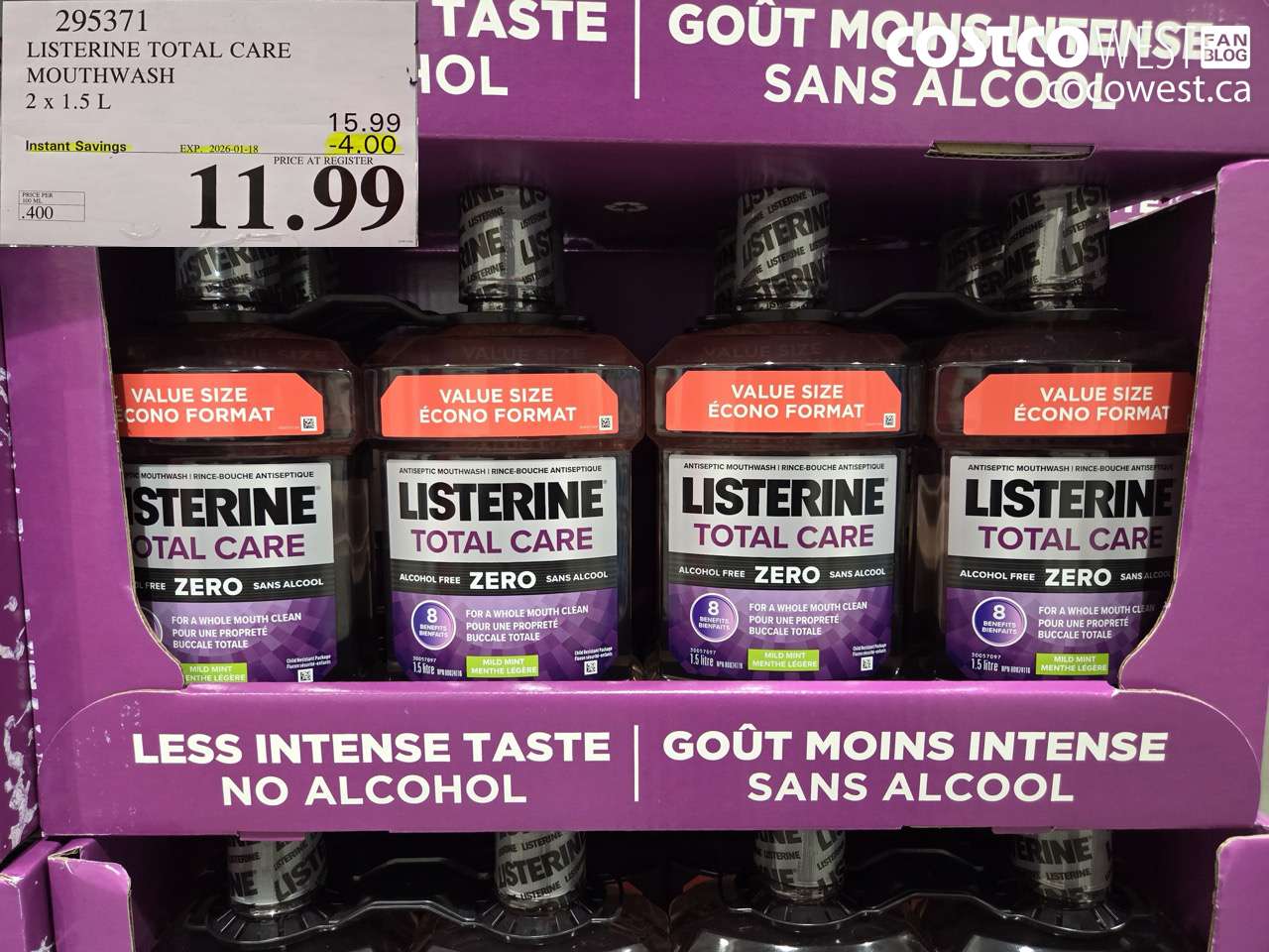 295371 LISTERINE MOUTHWASH TOTAL CARE ZERO 2 X 1.5L ($4.00 INSTANT SAVINGS EXPIRES ON 2026-01-18) $11.99