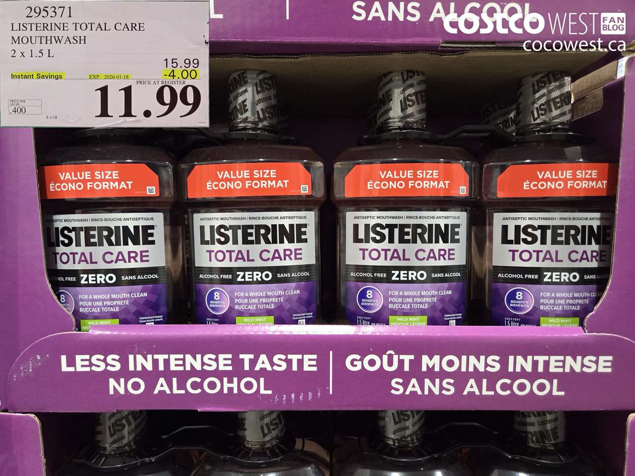 295371 LISTERINE MOUTHWASH TOTAL CARE ZERO 2 X 1.5L ($4.00 INSTANT SAVINGS EXPIRES ON 2026-01-18) $11.99