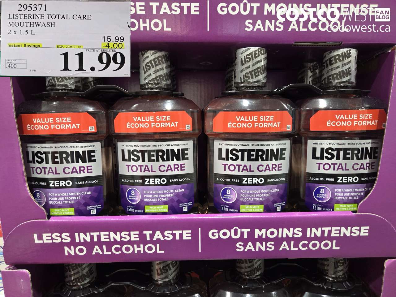 295371 LISTERINE MOUTHWASH TOTAL CARE ZERO 2 X 1.5L ($4.00 INSTANT SAVINGS EXPIRES ON 2026-01-18) $11.99