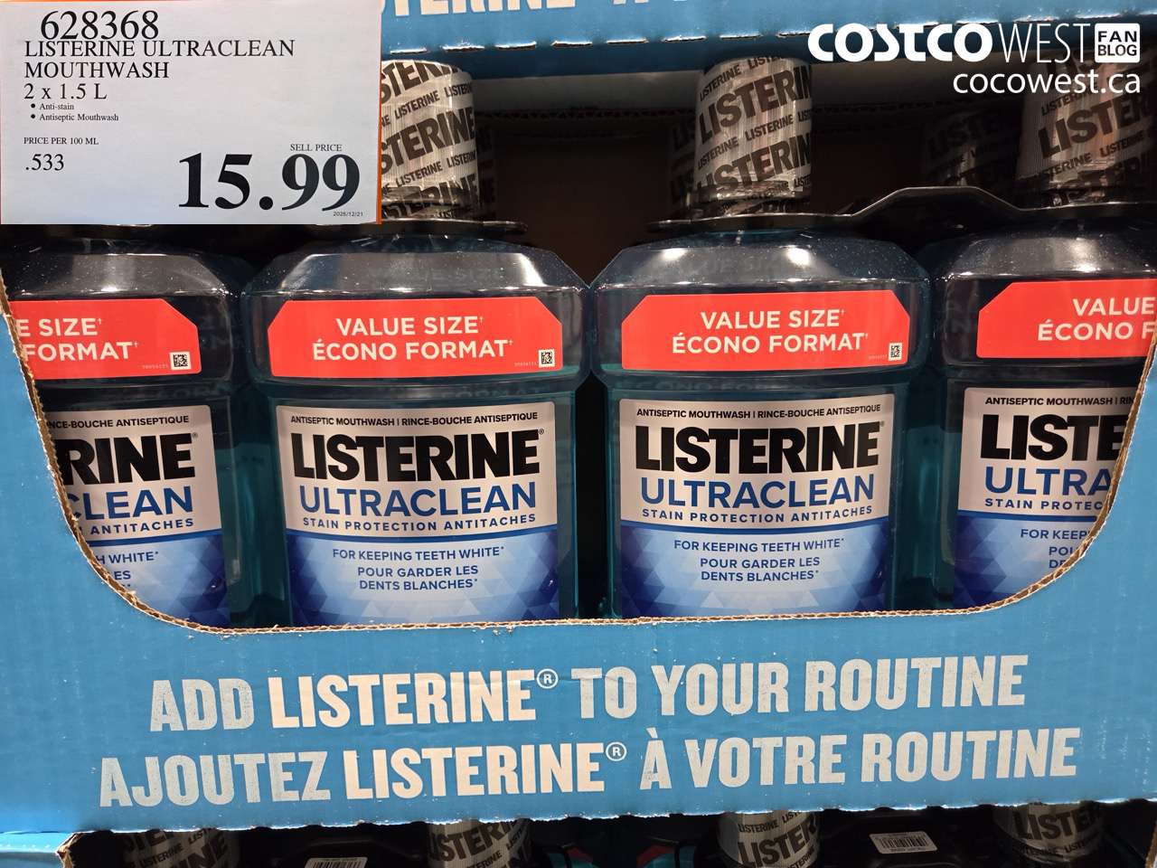 628368 LISTERINE ULTRACLEAN MOUTHWASH 2 X 1.5L $15.99