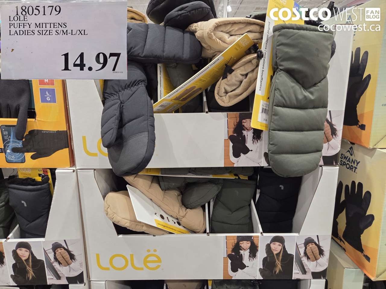 1805179 LOLE PUFFY MITTENS LADIES SIZE S/M-L/XL $14.97