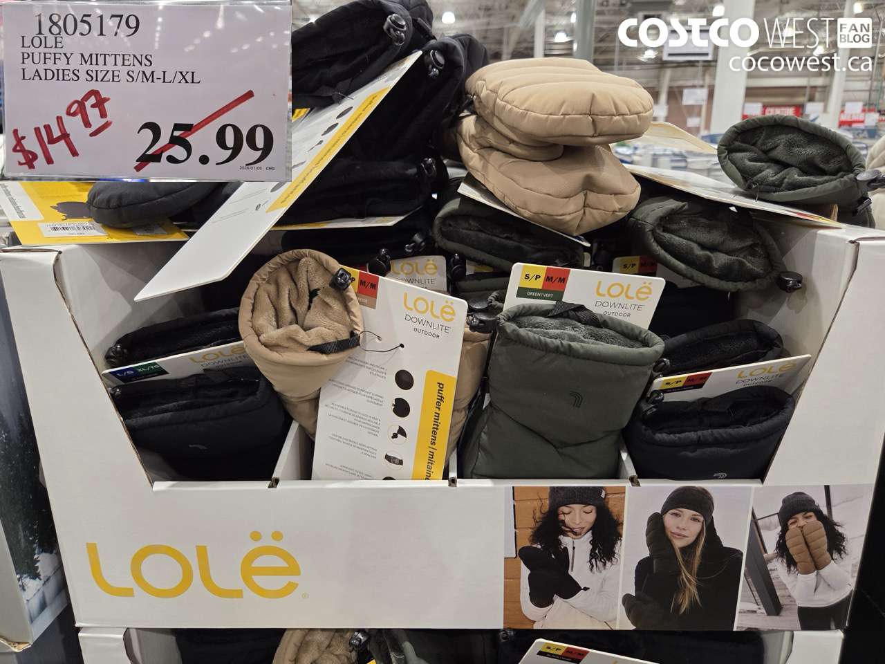 1805179 LOLE PUFFY MITTENS LADIES SIZE S/M-L/XL $14.97