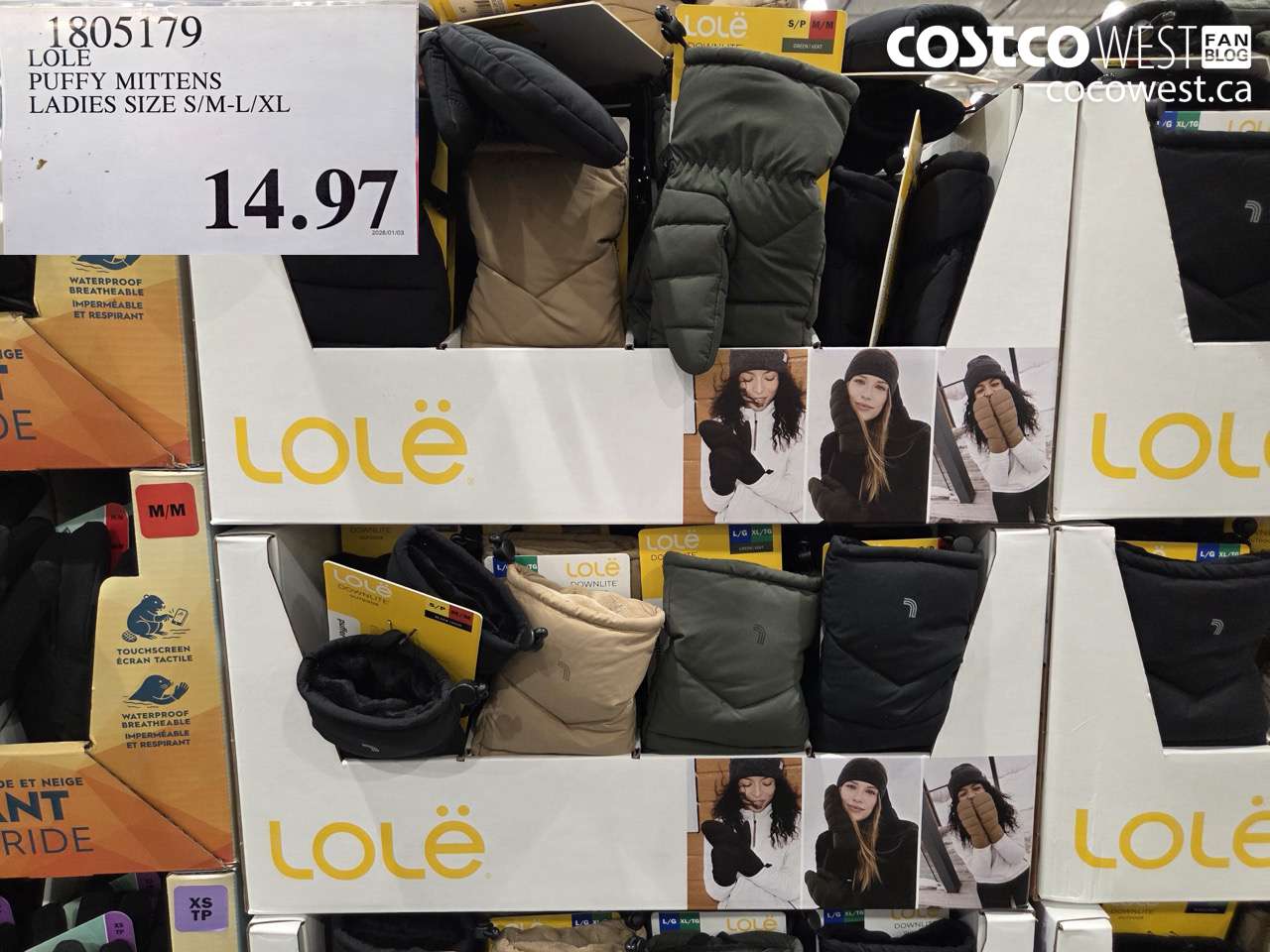 1805179 LOLE PUFFY MITTENS LADIES SIZE S/M-L/XL $14.97