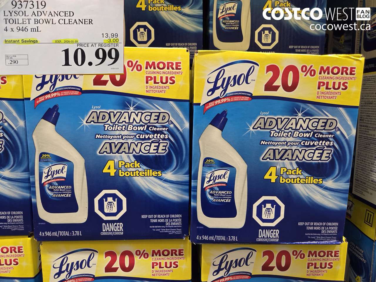 937319 LYSOL ADVANCED TOILET BOWL CLEANER 4 x 946 mL ($3.00 INSTANT SAVINGS EXPIRES ON 2026-01-18) $10.99