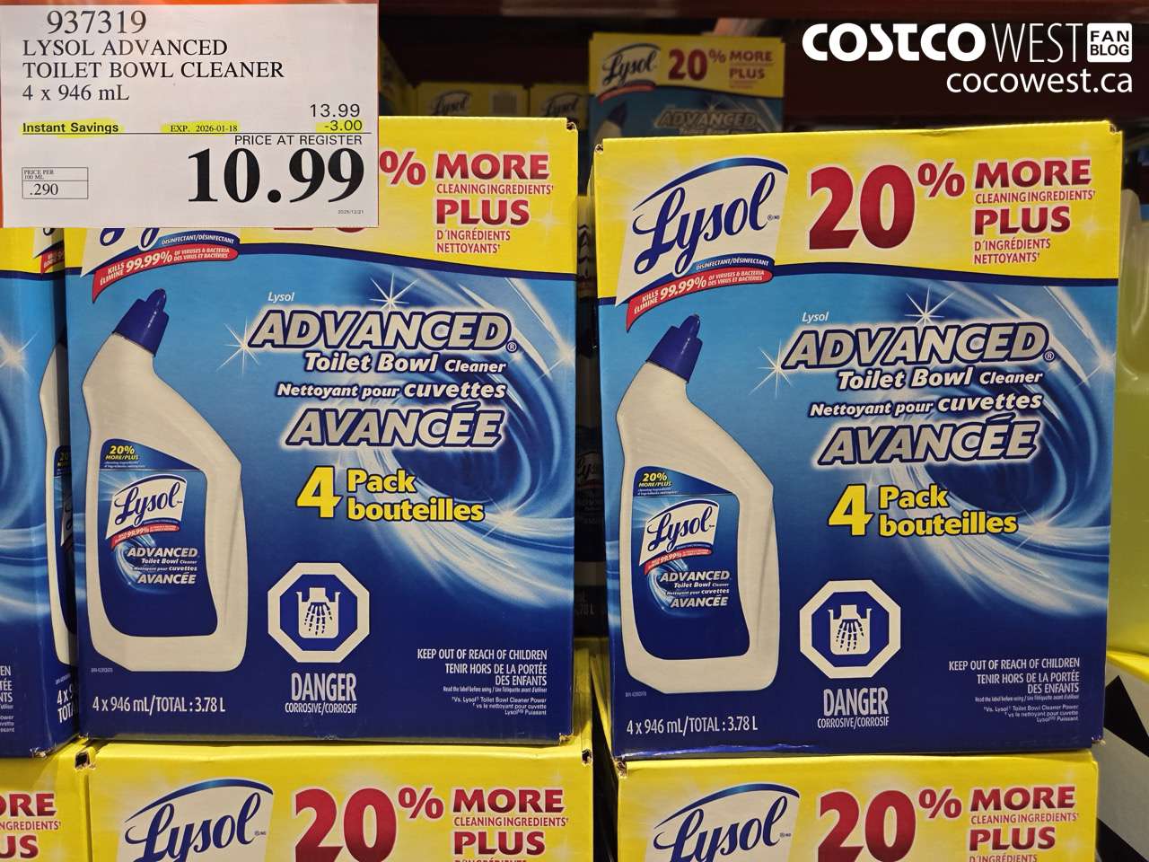 937319 LYSOL ADVANCED TOILET BOWL CLEANER 4 x 946 mL ($3.00 INSTANT SAVINGS EXPIRES ON 2026-01-18) $10.99