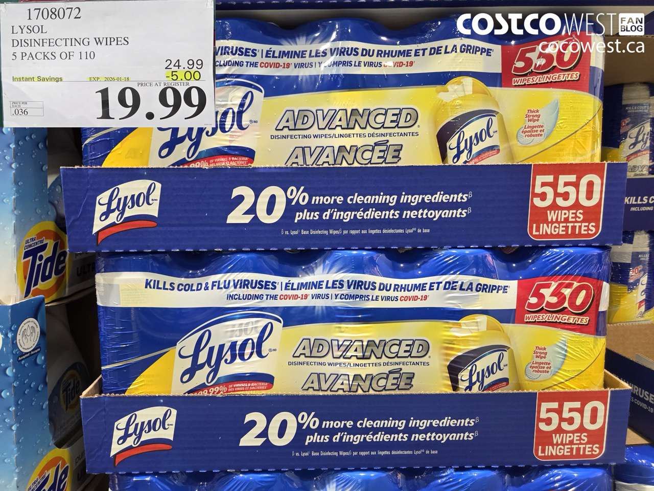 1708072 LYSOL DISINFECTING WIPES 5 X 110 WIPES ($5.00 INSTANT SAVINGS EXPIRES ON 2026-01-18) $19.99