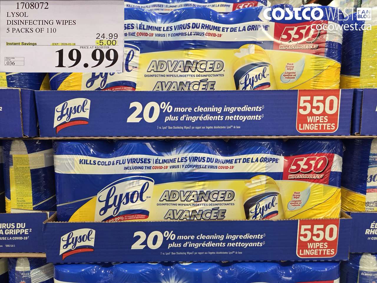 1708072 LYSOL DISINFECTING WIPES 5 X 110 WIPES ($5.00 INSTANT SAVINGS EXPIRES ON 2026-01-18) $19.99