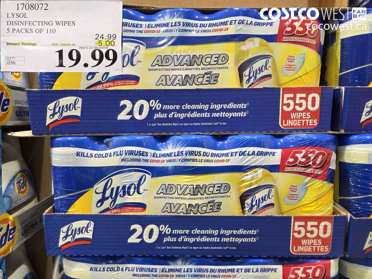 1708072 LYSOL DISINFECTING WIPES 5 X 110 WIPES ($5.00 INSTANT SAVINGS EXPIRES ON 2026-01-18) $19.99