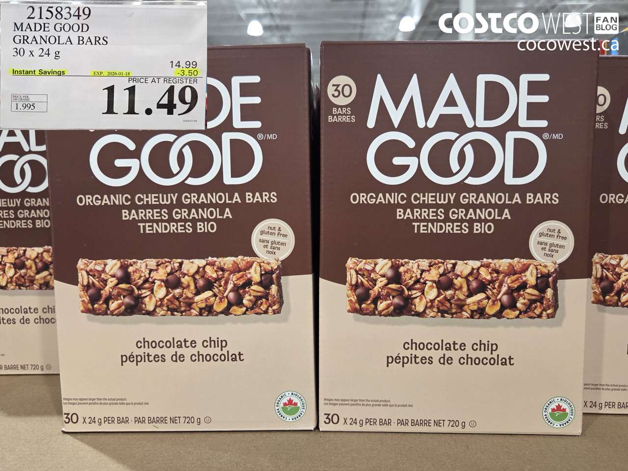 2158349 MADE GOOD ORGANIC GRANOLA BARS 30 X 24G ($3.50 INSTANT SAVINGS EXPIRES ON 2026-01-18) $11.49