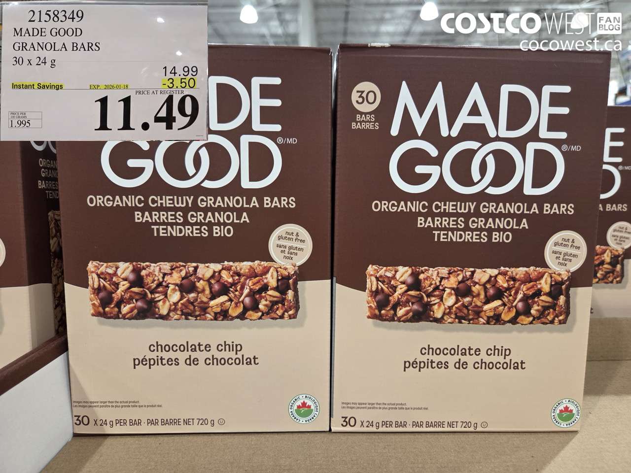 2158349 MADE GOOD ORGANIC GRANOLA BARS 30 X 24G ($3.50 INSTANT SAVINGS EXPIRES ON 2026-01-18) $11.49