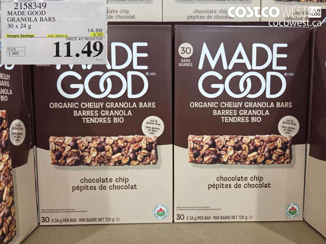 2158349 MADE GOOD ORGANIC GRANOLA BARS 30 X 24G ($3.50 INSTANT SAVINGS EXPIRES ON 2026-01-18) $11.49