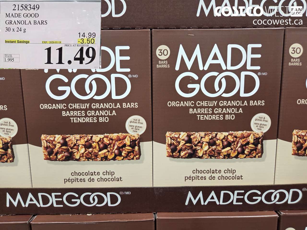 2158349 MADE GOOD ORGANIC GRANOLA BARS 30 X 24G ($3.50 INSTANT SAVINGS EXPIRES ON 2026-01-18) $11.49